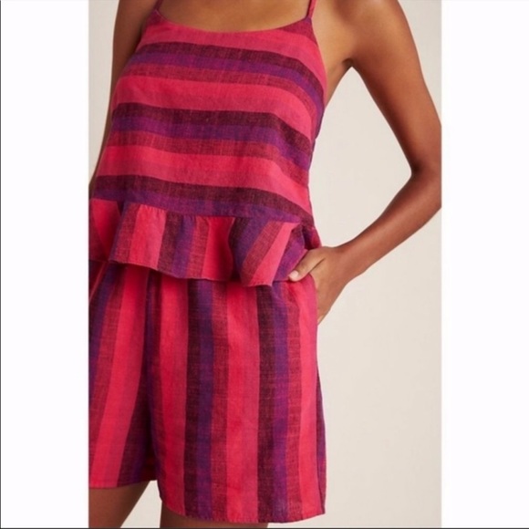 Amandi Striped, Linen, Ruffle Back, Romper with Pockets NWT Women’s Size X-Small - Picture 2 of 8